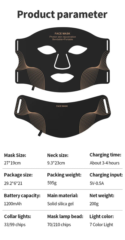 7 Color LED Face Mask with Neck Wireless Portable Red Light Therapy for Anti-Aging, Wrinkles, Skin Rejuvenation, Home Use