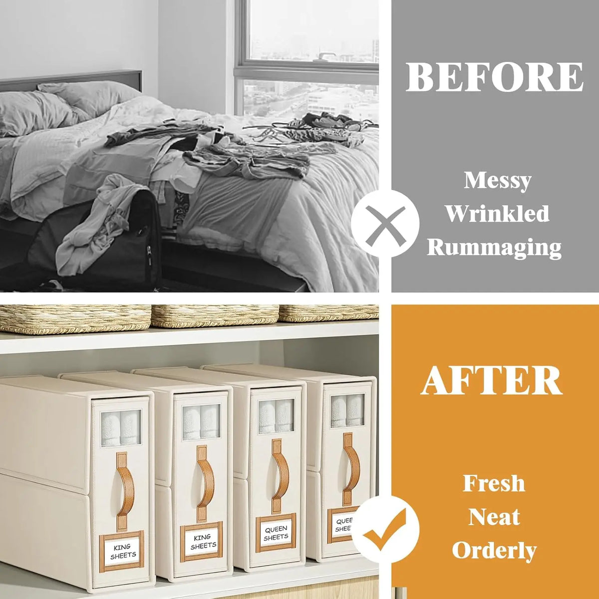 Foldable Bed Sheets Set Organizers,Linen Fabric Closet Organizers with Window,Bedding Storage Box for Bedsheets and Pillow
